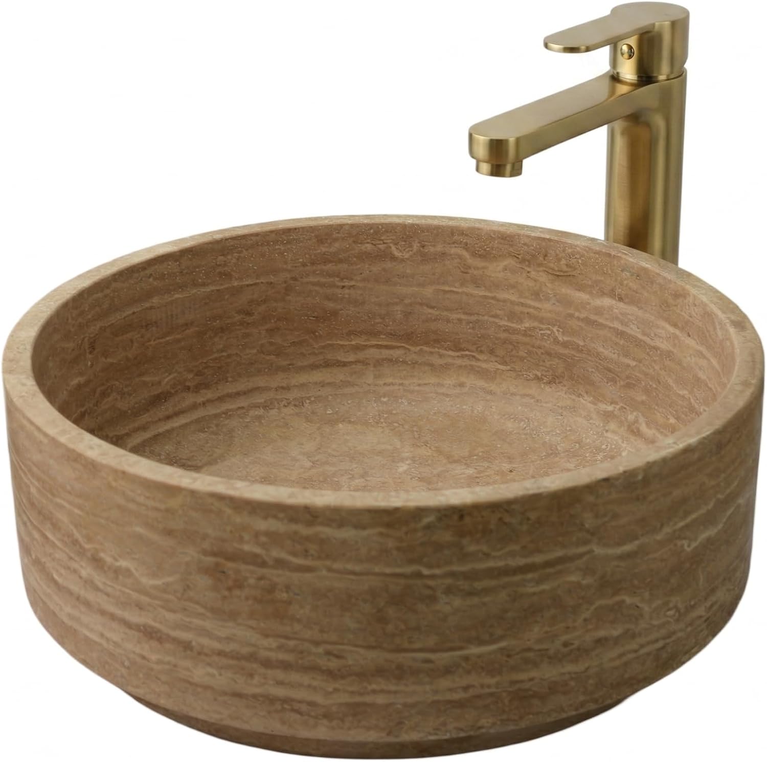 16' Natural Travertine Stone Round Bathroom Vessel Sink,Warm Beige Marble Bathroom Sink, Vanity Bowl Basin