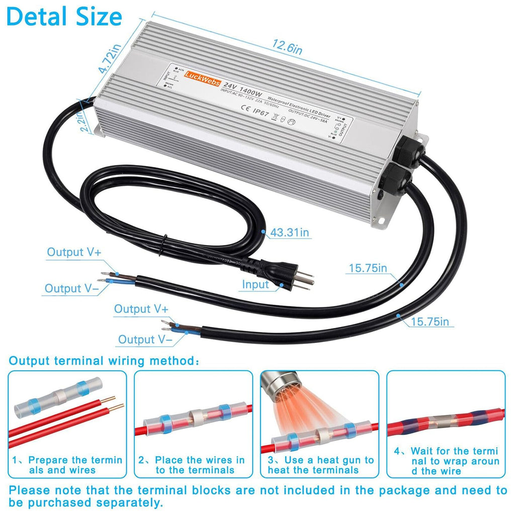 LED Driver 24V 1400W Waterproof Power Supply AC 90-130V to DC 24V58A Low-Voltage Transformer IP67 Switching Power Supply Suitable for high-Power LED Lighting and Any 24V DC Equipment