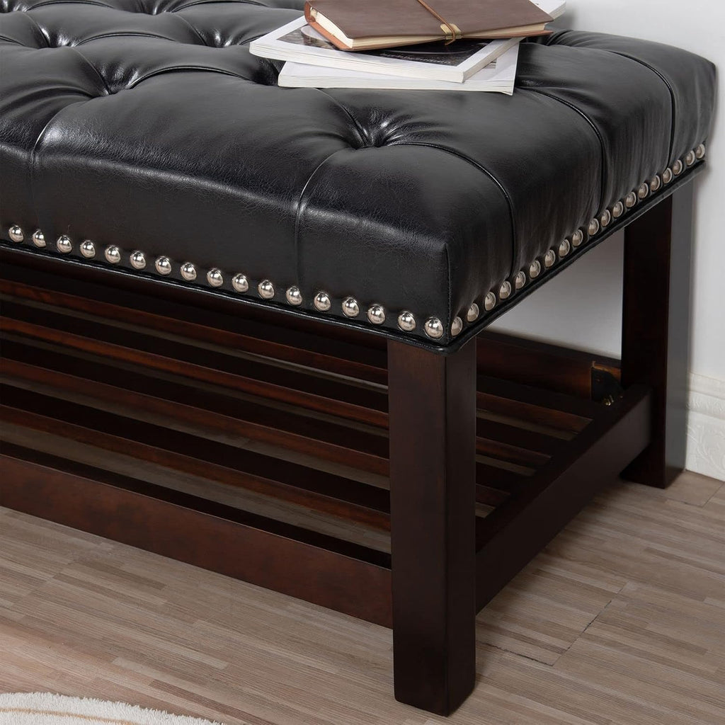 60in Button-Tufted Leather Indoor Bench,Black Upholstered Shoe Bench Entryway, Bedroom Bench Seat, End of Bed Ottoman, Vanity Bench with Wooden Base Shoes Rack (Brown+Wooden)(Black+Wooden)