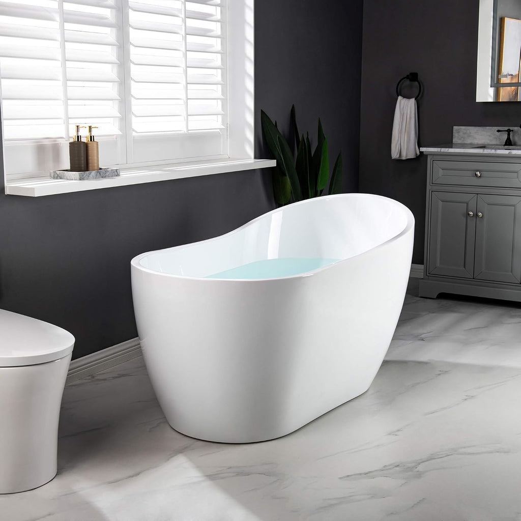 WOODBRIDGE 54' Acrylic Freestanding Bathtub Contemporary Soaking White Tub with Oil Rubbed Bronze Overflow and Drain，BTA1507 -ORB-Drain &O