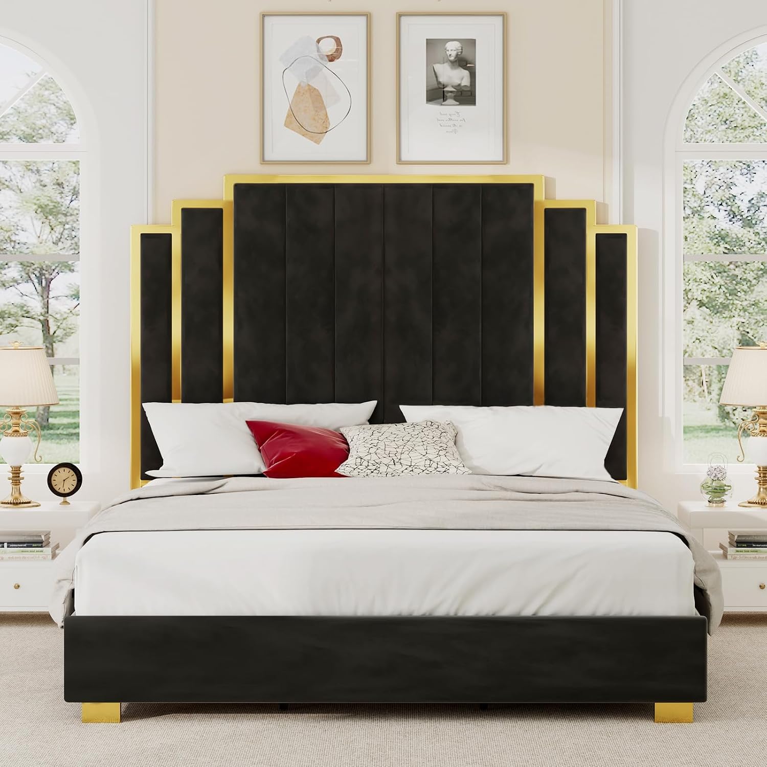YUMPIE California King Size Platform Bed Frame with 65' Extra Tall Headboard, Velvet Upholstered Bed with Golden Plating Trim, Wooden Slats/No Box Spring Needed/Noisy Free/Black