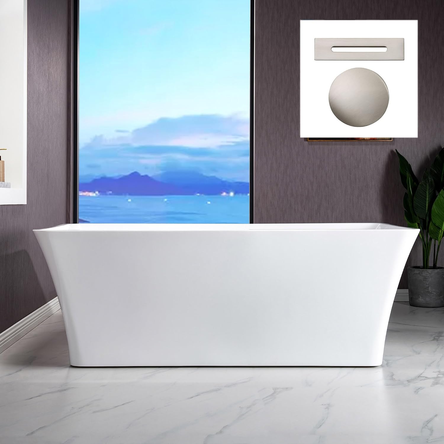 WOODBRIDGE 67' Acrylic Freestanding Bathtub Contemporary Soaking White Tub with Brushed Nickel Overflow and Drain，BTA1609-BN-Drain &O