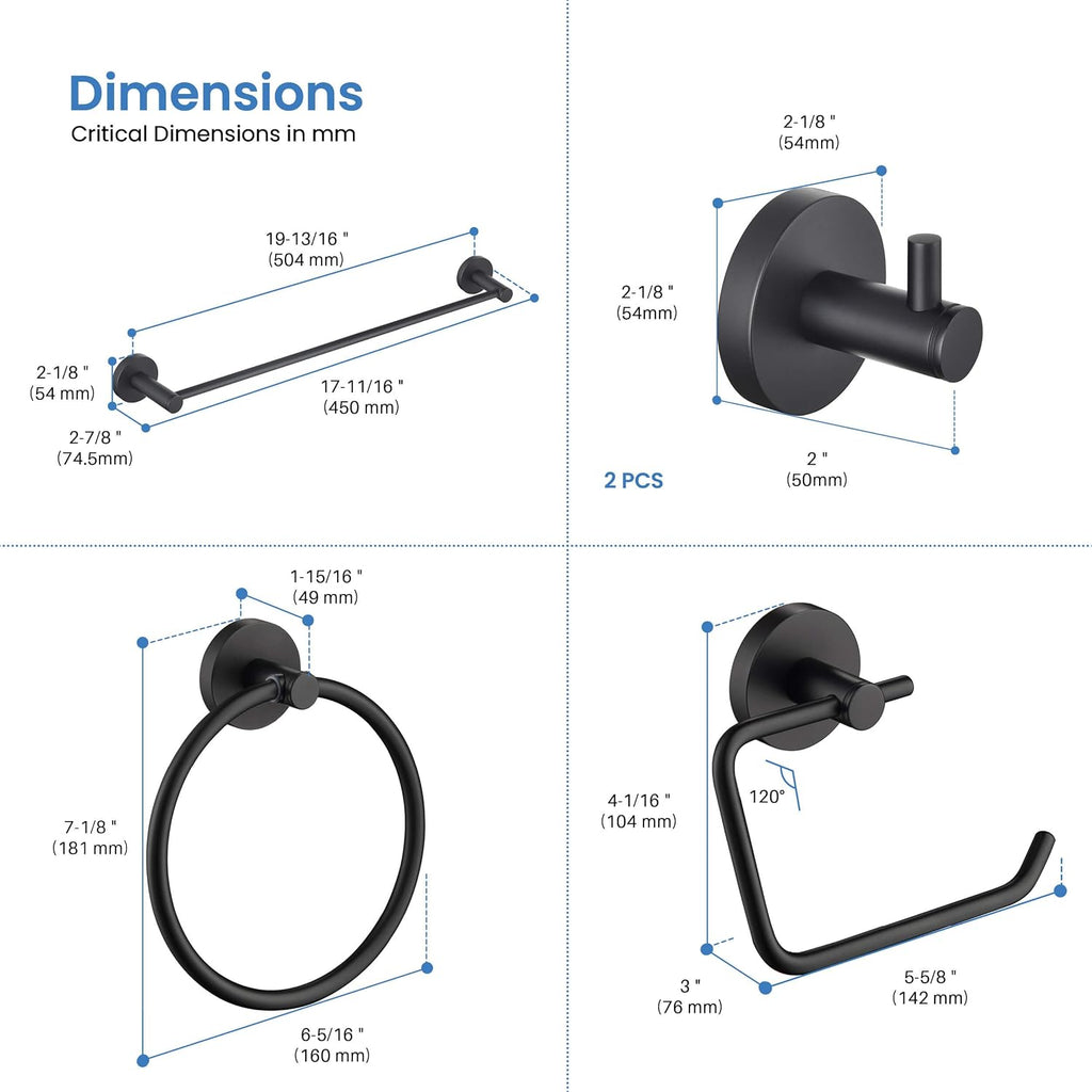 KIBI Circular Bathroom Hardware Set 5 Piece Bathroom Accessories Set | Towel Bar (18'), Towel Ring, Toilet Paper Holder, Robe Hooks (Matte Black) (C-KBA14-5-4)