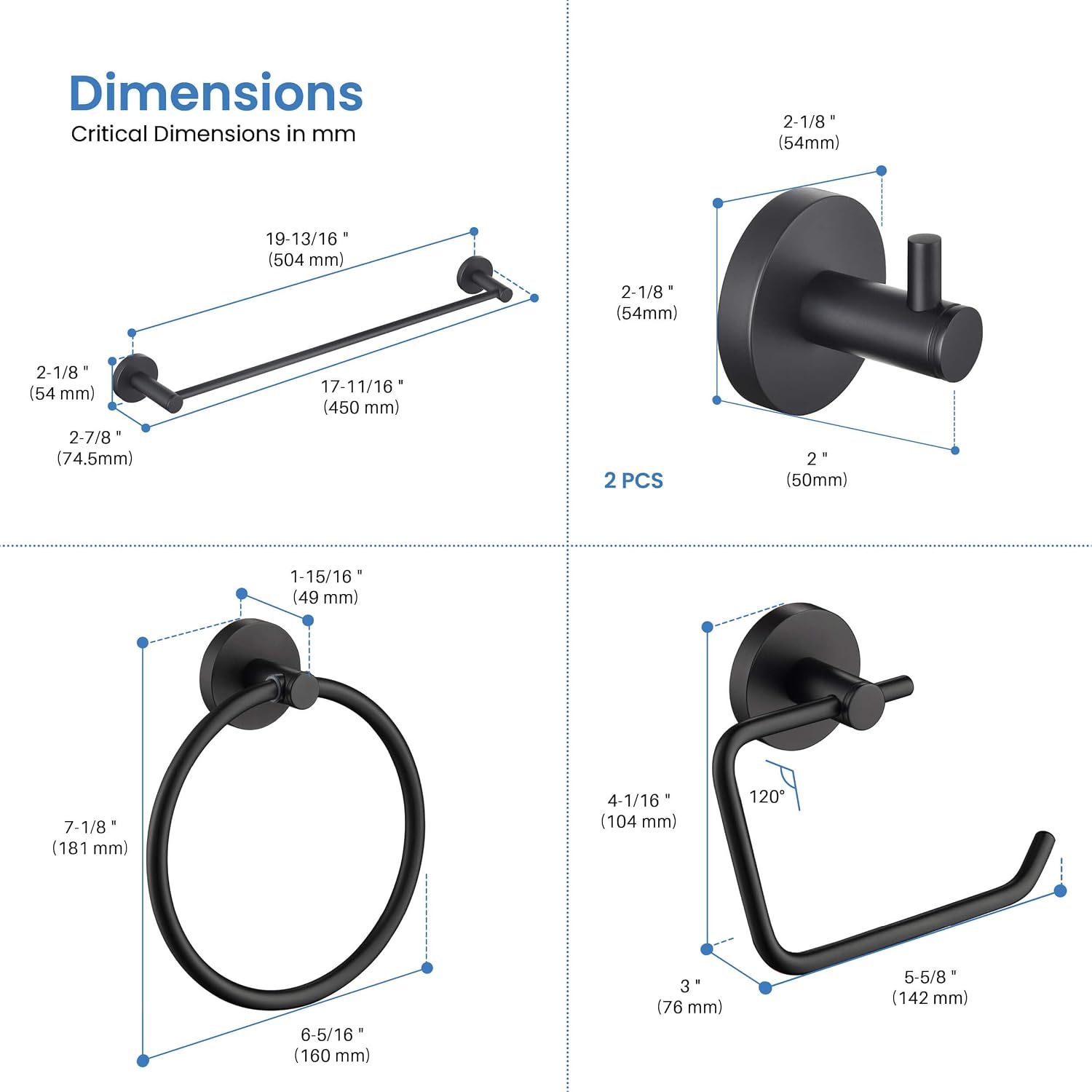 KIBI Circular Bathroom Hardware Set 5 Piece Bathroom Accessories Set | Towel Bar (18'), Towel Ring, Toilet Paper Holder, Robe Hooks (Matte Black) (C-KBA14-5-4)
