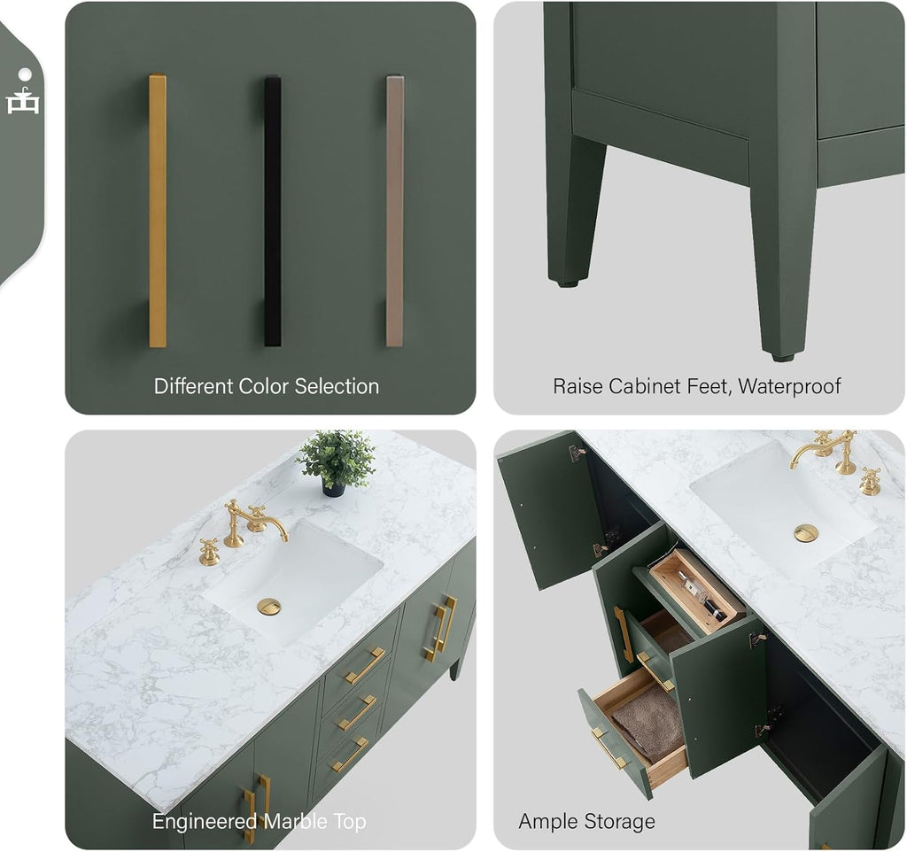 Vanity Art 60 inch Bathroom Vanity with Single Sink & Ceramic Top, Vanity Cabinet with Soft-Closing Doors, Drawers, Solid Wood Frame, Vintage Green, VA9060-SVG-BN1