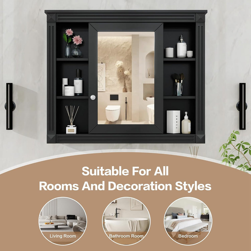 Merax Medicine Cabinet with Mirror, Wall Mount Bathroom Cabinet Over Toilet Storage Cabinet Organizer with Door and Open Shelves, Mirrored Bathroom Wall Cabinet