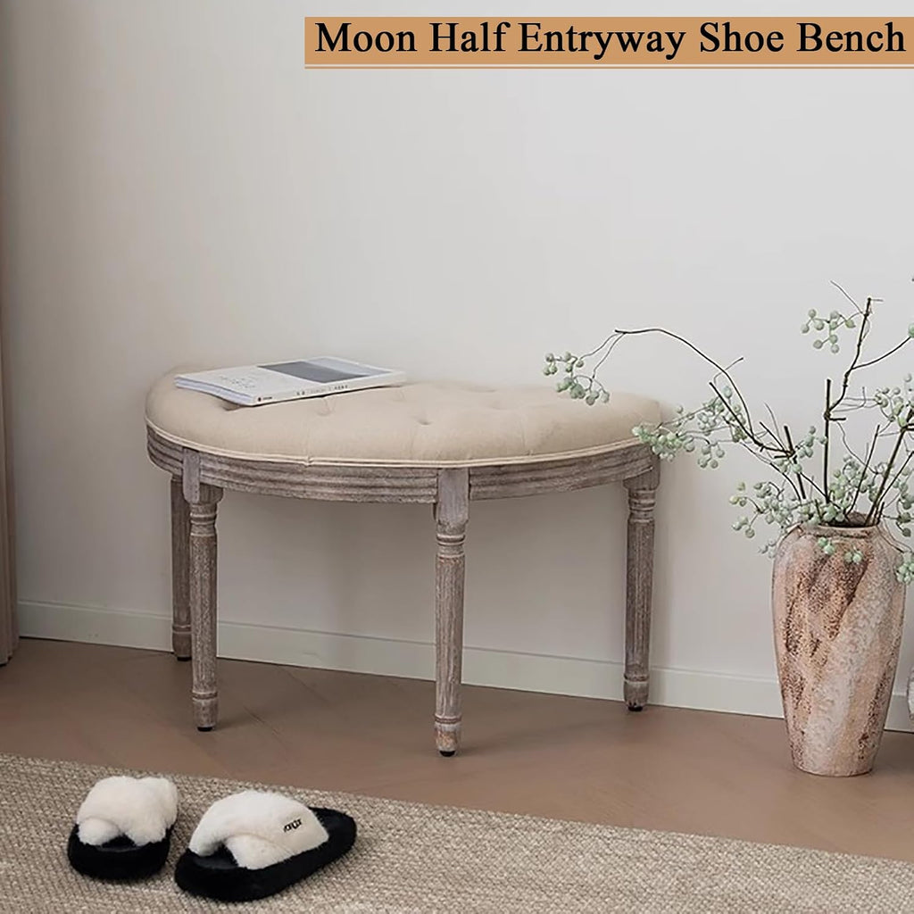 Solid Wood Vanity Bench,Moon Half Entryway Shoe Bench,Comfy Upholstered Piano Bench,Vintage Ottoman Bench,Home Decor Sofa Bench Bedroom Bench (49.21″W×16.54″D×18.5″H, Linen Cotton C Gray)