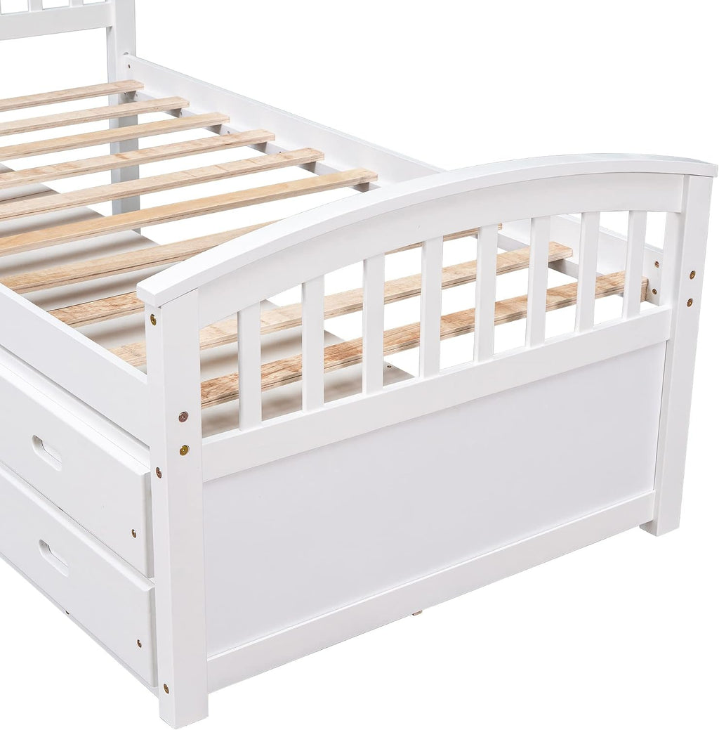 SOFTSEA Twin Captain Bed for Kids, Solid Wood Storage Bed with 6 Drawers, No Box Spring Needed, White