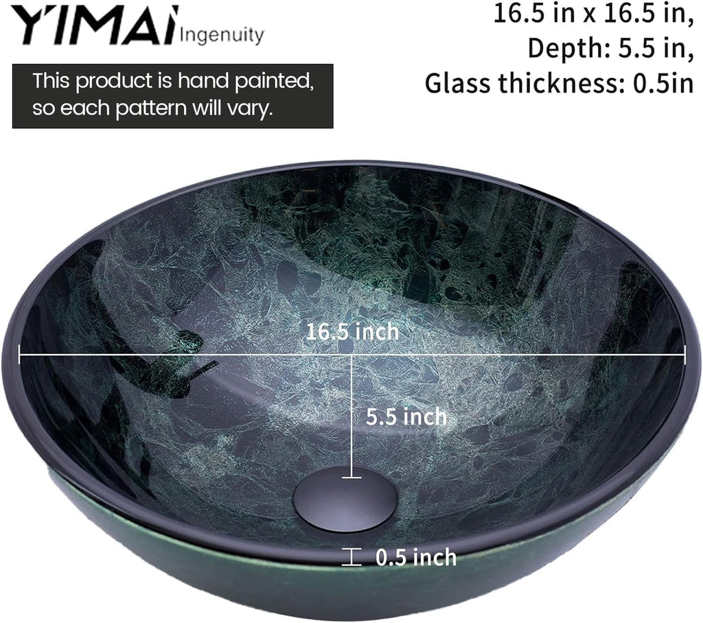 Vessel Sink 16.5' Bathroom Sinks Tempered Glass Green Art Basin Round Bowl with Faucet Combo Green,Countertop Bowl Sink for Lavatory Vanity Cabinet