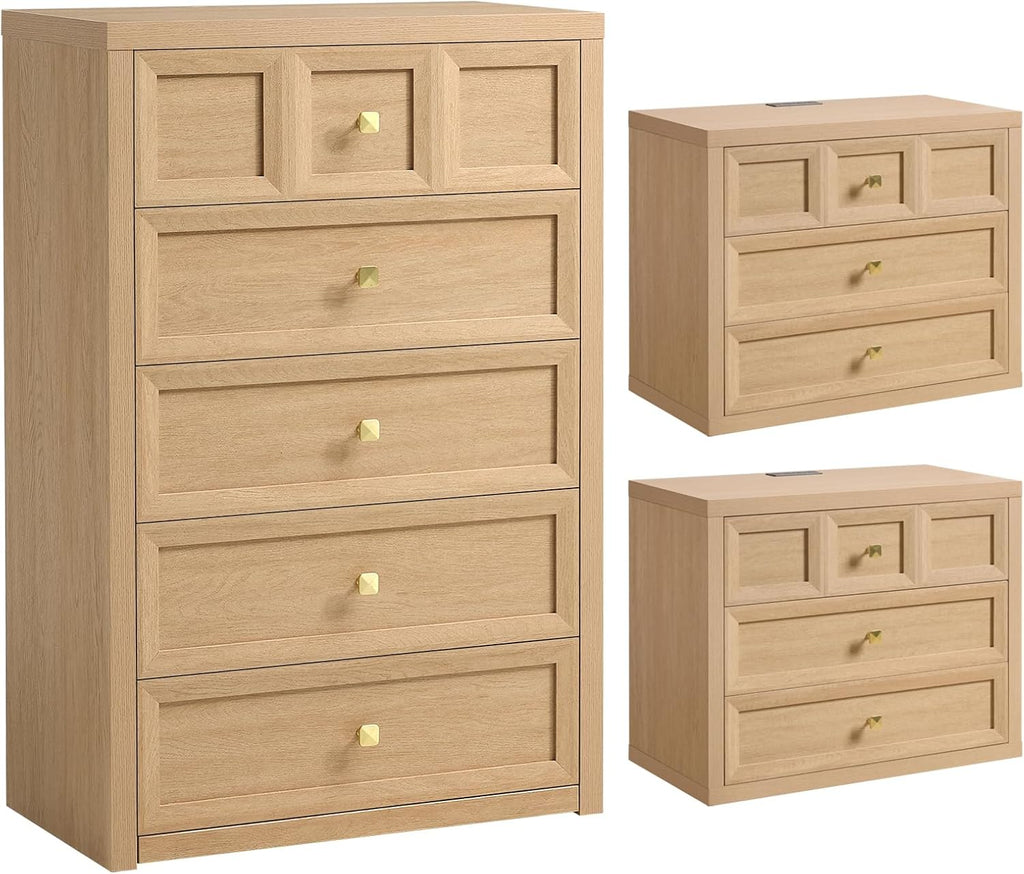 3-Piece Bedroom Set, 5 Drawer Tall Dresser and 3 Drawer King Size Nightstands Set of 2 with Charging Station, 3 Piece Farmhouse Wood Bedroom Dresser and Nightstand Sets, Natural