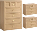3-Piece Bedroom Set, 5 Drawer Tall Dresser and 3 Drawer King Size Nightstands Set of 2 with Charging Station, 3 Piece Farmhouse Wood Bedroom Dresser and Nightstand Sets, Natural
