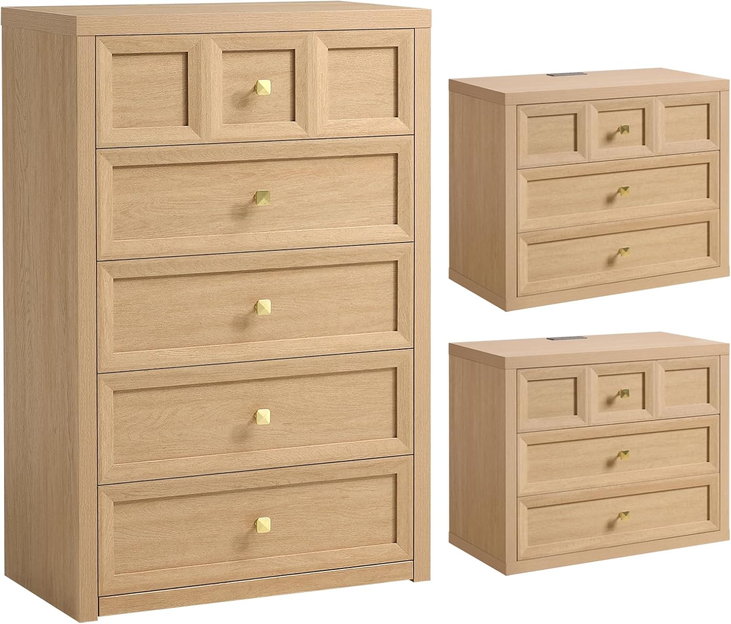 3-Piece Bedroom Set, 5 Drawer Tall Dresser and 3 Drawer King Size Nightstands Set of 2 with Charging Station, 3 Piece Farmhouse Wood Bedroom Dresser and Nightstand Sets, Natural
