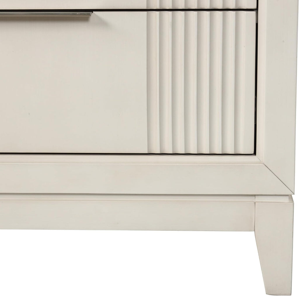 Furniture of America Oberlin Modern Solid Wood 5-Piece Bedroom Set with LED on Padded Fabric Headboard, Vertical Channel Tufting, Chrome Finger Pulls, Box Spring Needed, King, Antique White