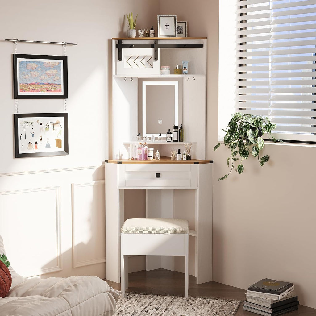 ARTETHYS Small Vanity Desk Set with Lights and Mirror Makeup Vanities with Drawers for Corner Space White Farmhouse Make up Dressing Table with Storage Stool for Bedroom