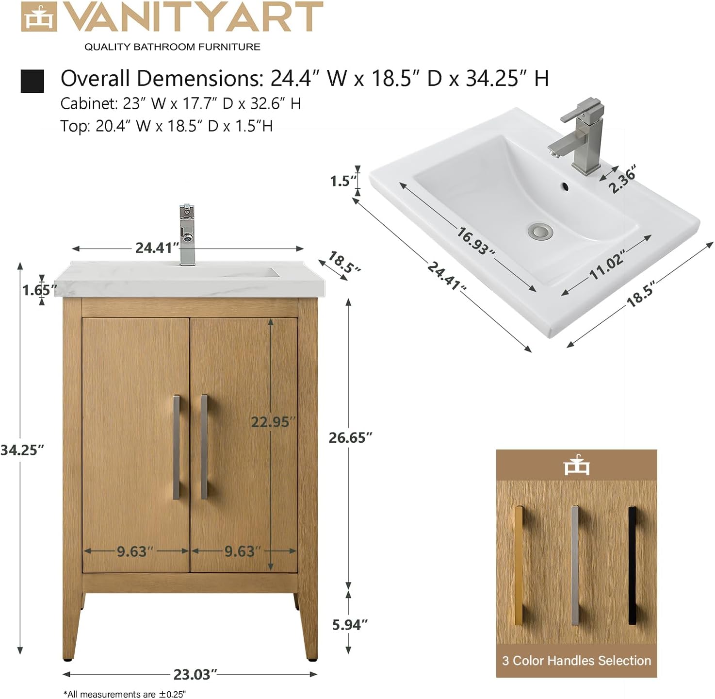 Vanity Art 24 inch Bathroom Vanity with Single Sink & Ceramic Top, Vanity Cabinet with Soft-Closing Doors, Solid Wood Frame, Natural Oak, VA9024-NO-BN1