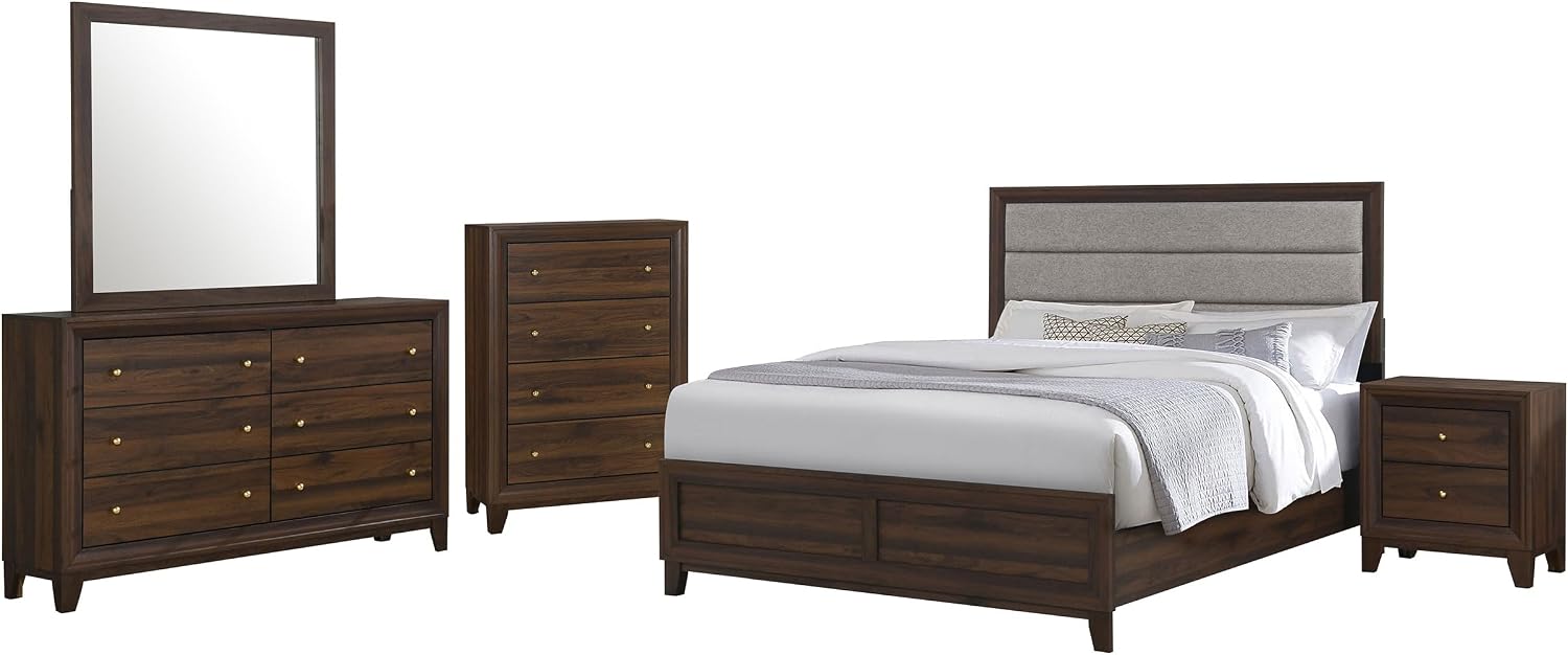 Coaster Home Furnishings Welsley Transitional 5-Piece Bedroom Set Fabric Upholstered Eastern King Size Panel Bed Frame 50-inch Headboard Walnut 223441KE-S5