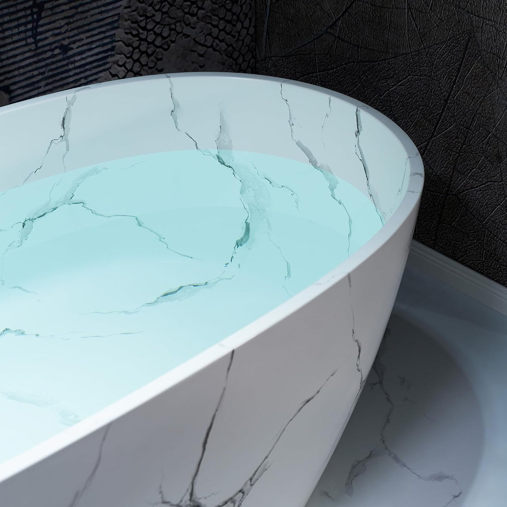 WOODBRIDGE 67' Marble-Pattern Stone Resin Freestanding Soaking Tub, Modern Oval Solid Surface Bathtub with Integrated Slotted Overflow & Drain, Matte Finish, CST0745