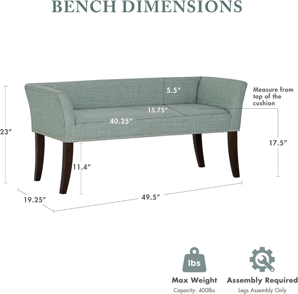 Madison Park Accent Bench for Living Room, Upholstered with Nailhead Trim, & Padded Seat Entryway Bench Small, End of Bed Bench with Back, 49.5' W x 19.25' D x 23' H, Light Blue