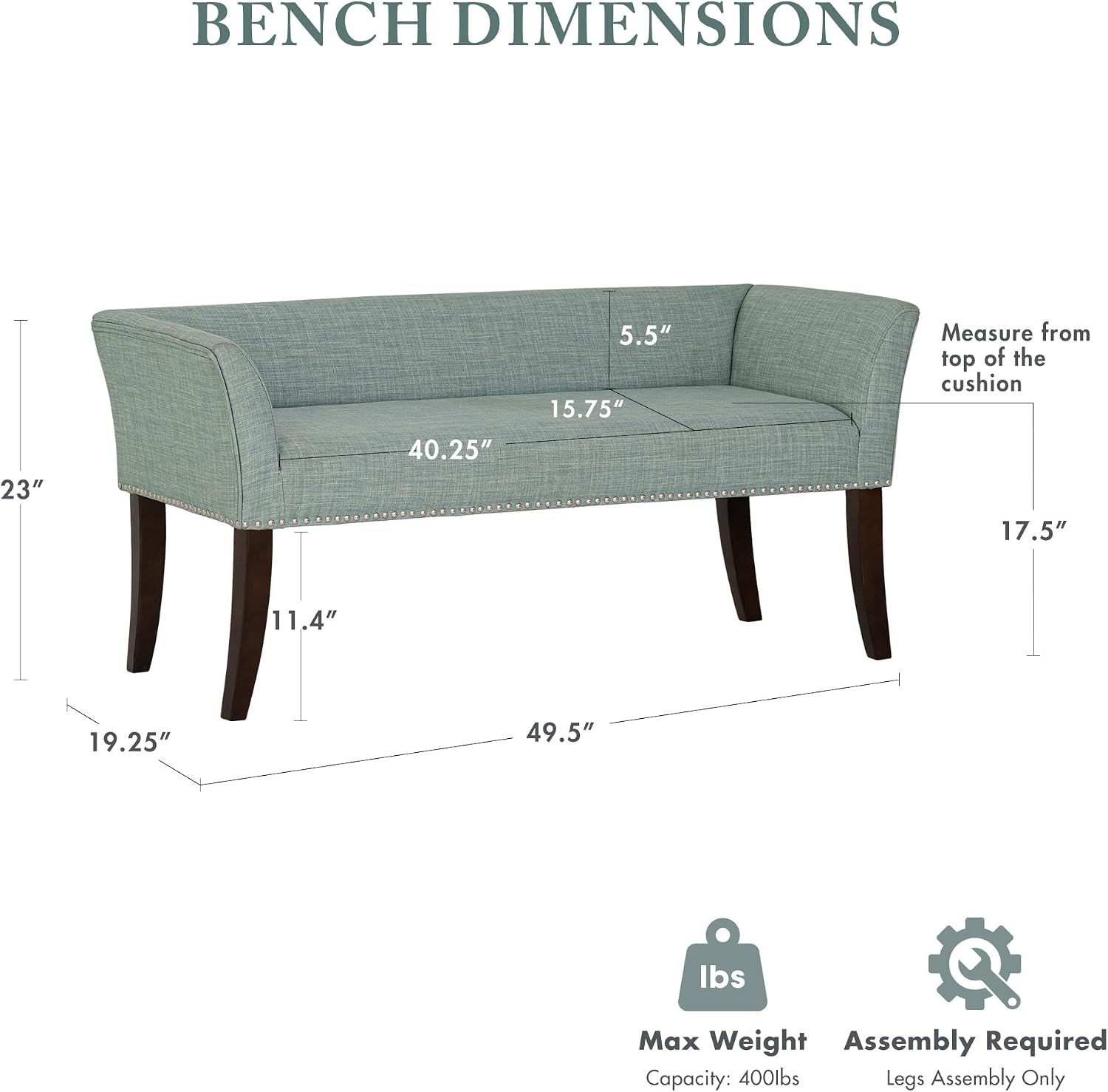Madison Park Accent Bench for Living Room, Upholstered with Nailhead Trim, & Padded Seat Entryway Bench Small, End of Bed Bench with Back, 49.5' W x 19.25' D x 23' H, Light Blue