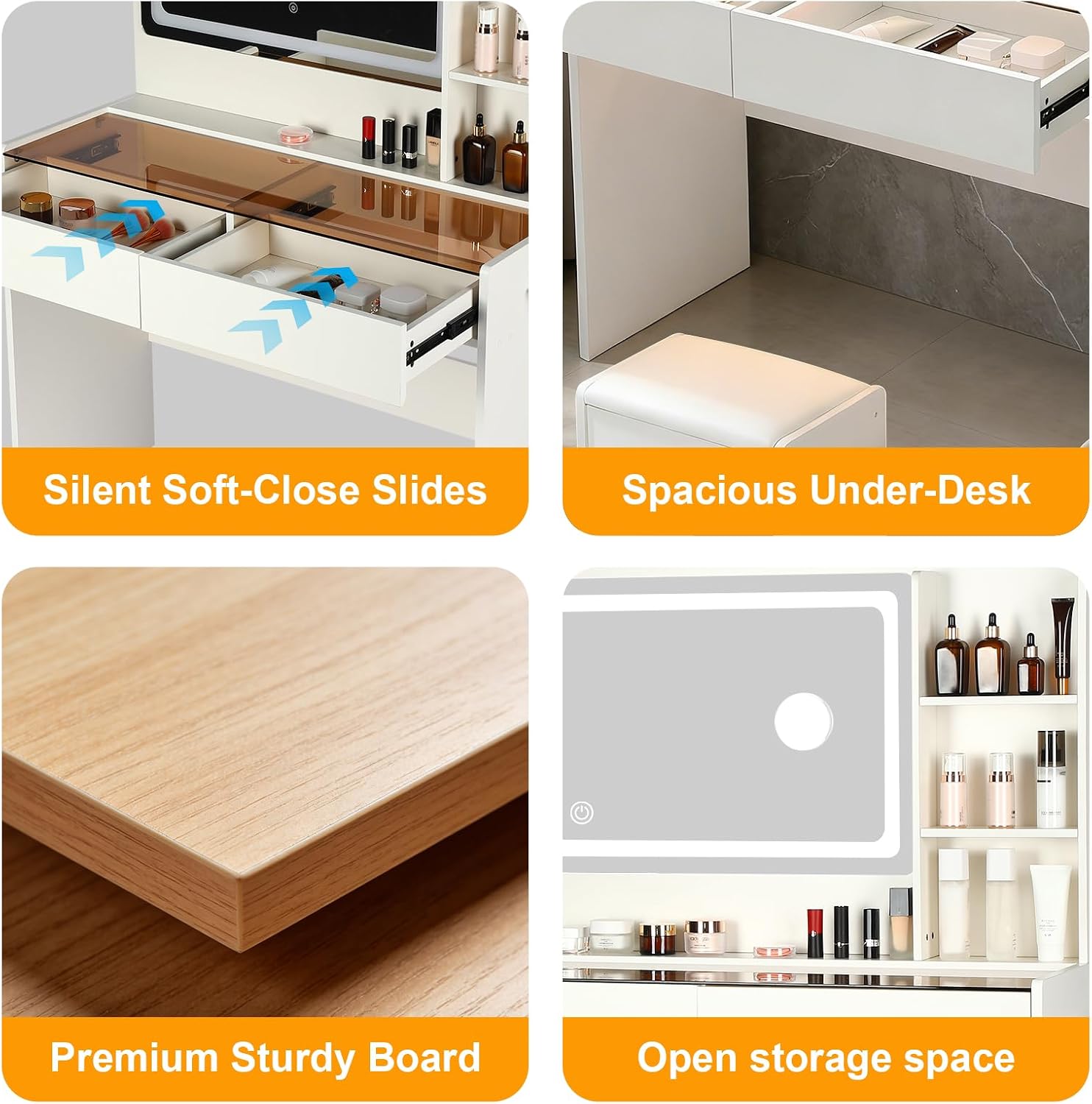 Vanity Desk,Makeup Vanity Desk with Mirror and Lights,Transparent Top with LED Multiple Color Lights,Mirror 3 Color Modes 2 Drawers,Power Outlet,Dressing Table for Girls Bedroom,White