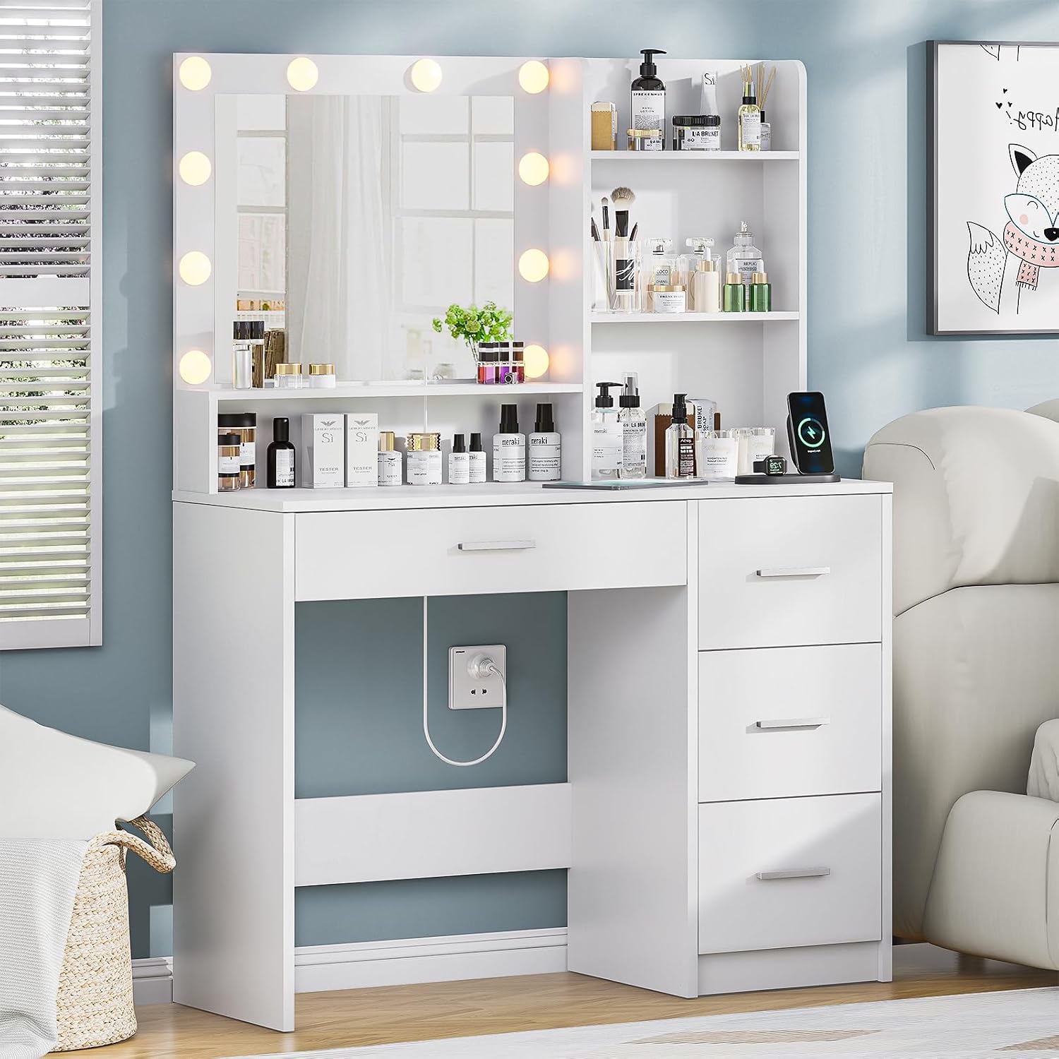 DINGIPP Vanity Desk with Lighted Mirror and Charging Station, Makeup Vanity with 4 Drawers & Storage Shelves,Makeup Desk 3 Color Lights Modes Available, Bedroom Dressing Table for Women, Girls