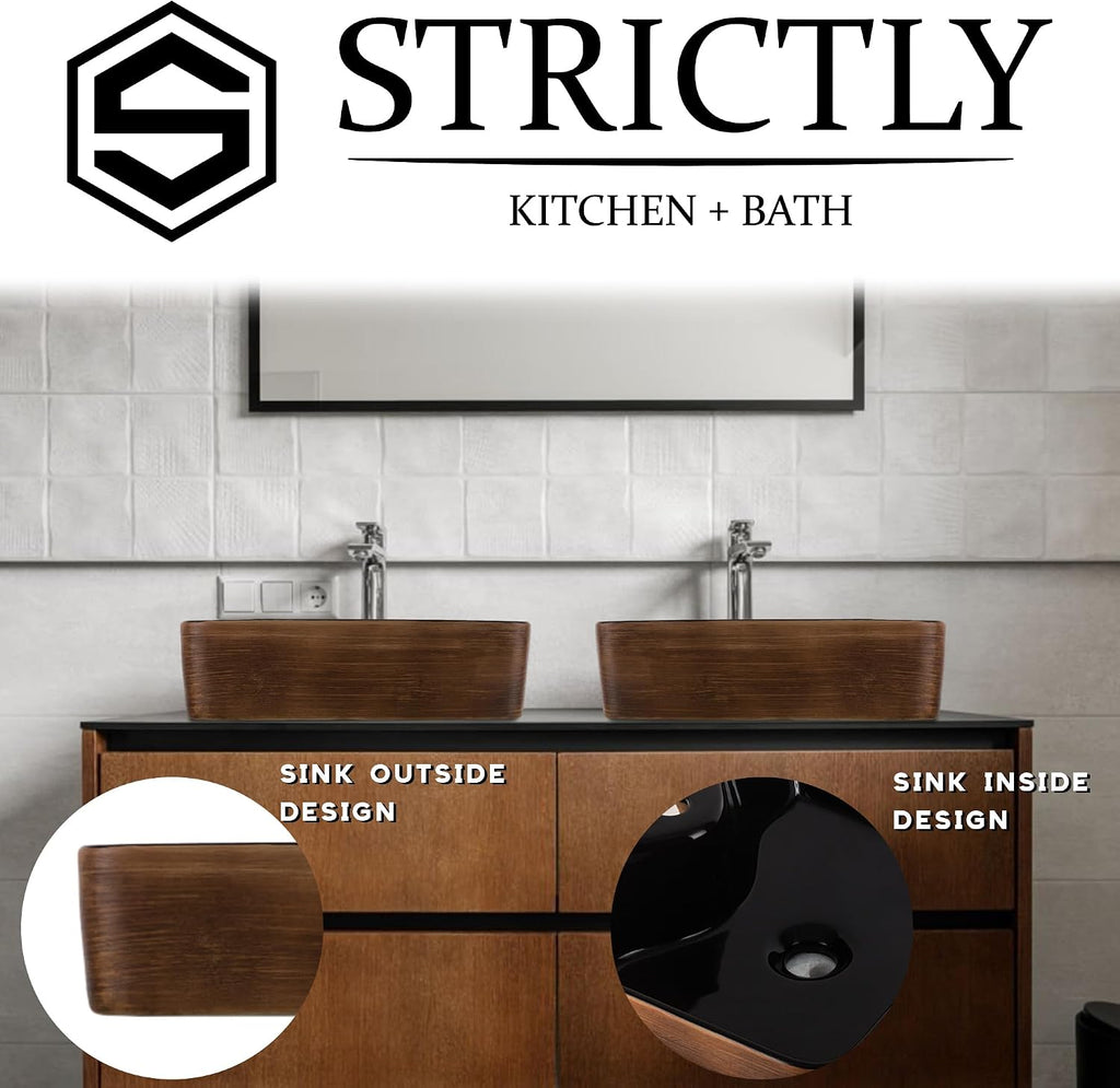 Strictly Sinks 19 Inch Rectangular Bathroom Vessel Sink - Ceramic Countertop Bathroom Sink – Easy to Install Above Counter Luxurious Vessel Sink for Bathroom (18 7/8″ W x 14 1/2″ L x 5 1/4″ H)