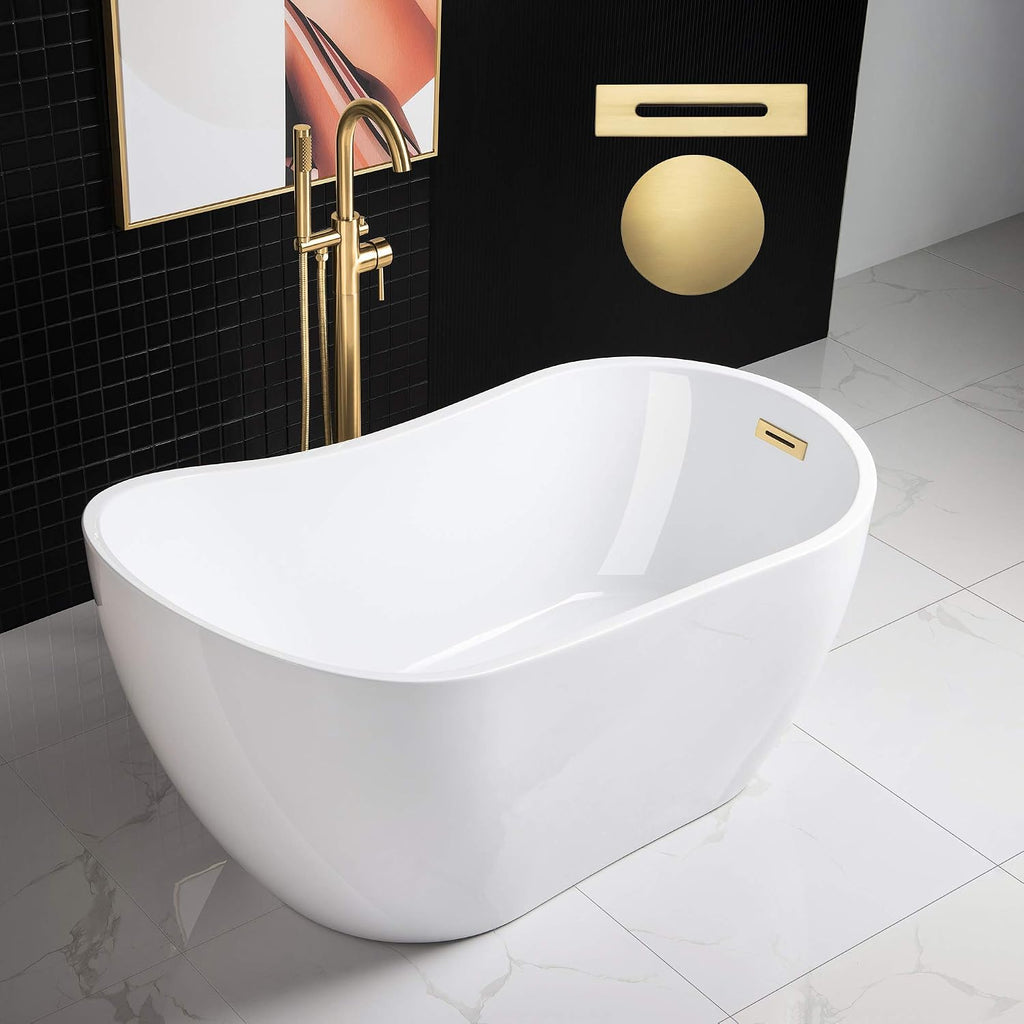 WOODBRIDGE 54' Acrylic Freestanding Bathtub Contemporary Soaking White Tub with Brushed Gold Overflow and Drain，B0006 -BG-Drain &O