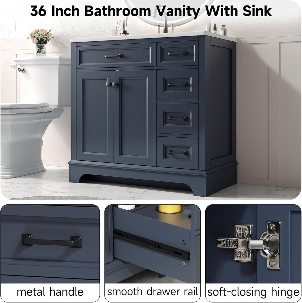 ONBRILL 36' Luxurious Bathroom Vanity with Ceramic Sink, Modern Freestanding Bathroom Single Sink Vanities Cabinet with 2 Soft Closing Doors & 2 Drawers, Adjustable Shelf & Paint Surface (Blue)