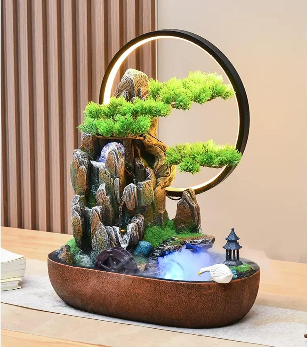 Desktop Fountain Indoor Tabletop Fountain Resin Water Fountains Artificial Bonsai Trees and Stone Mountains Relaxation Waterfall for Home Decor(Small)