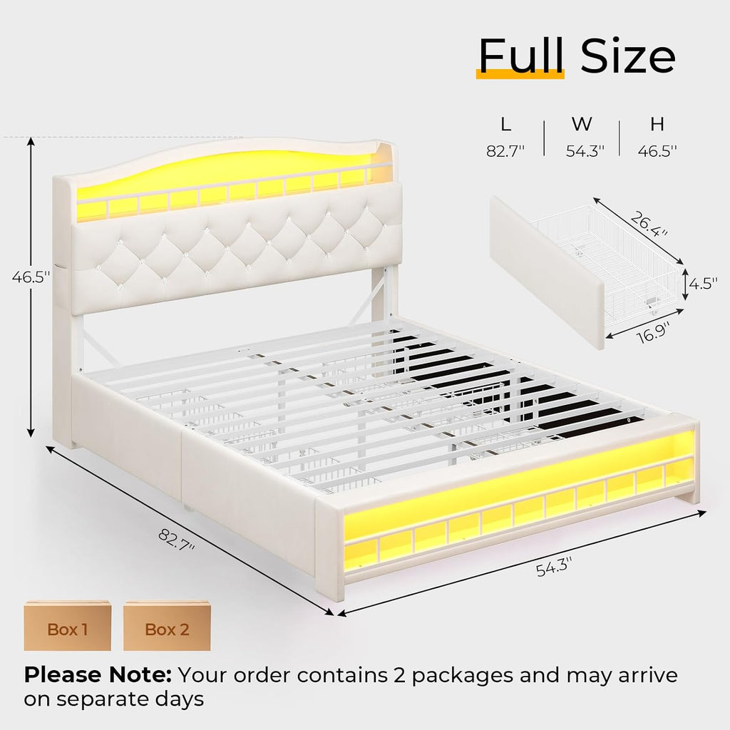 BTHFST Full Bed Frame with Storage Headboard & 4 Drawers, Girl Upholstered Storage Bed with LED Lights & Charging Station, No Box Spring Needed, Easy Assembly, Beige