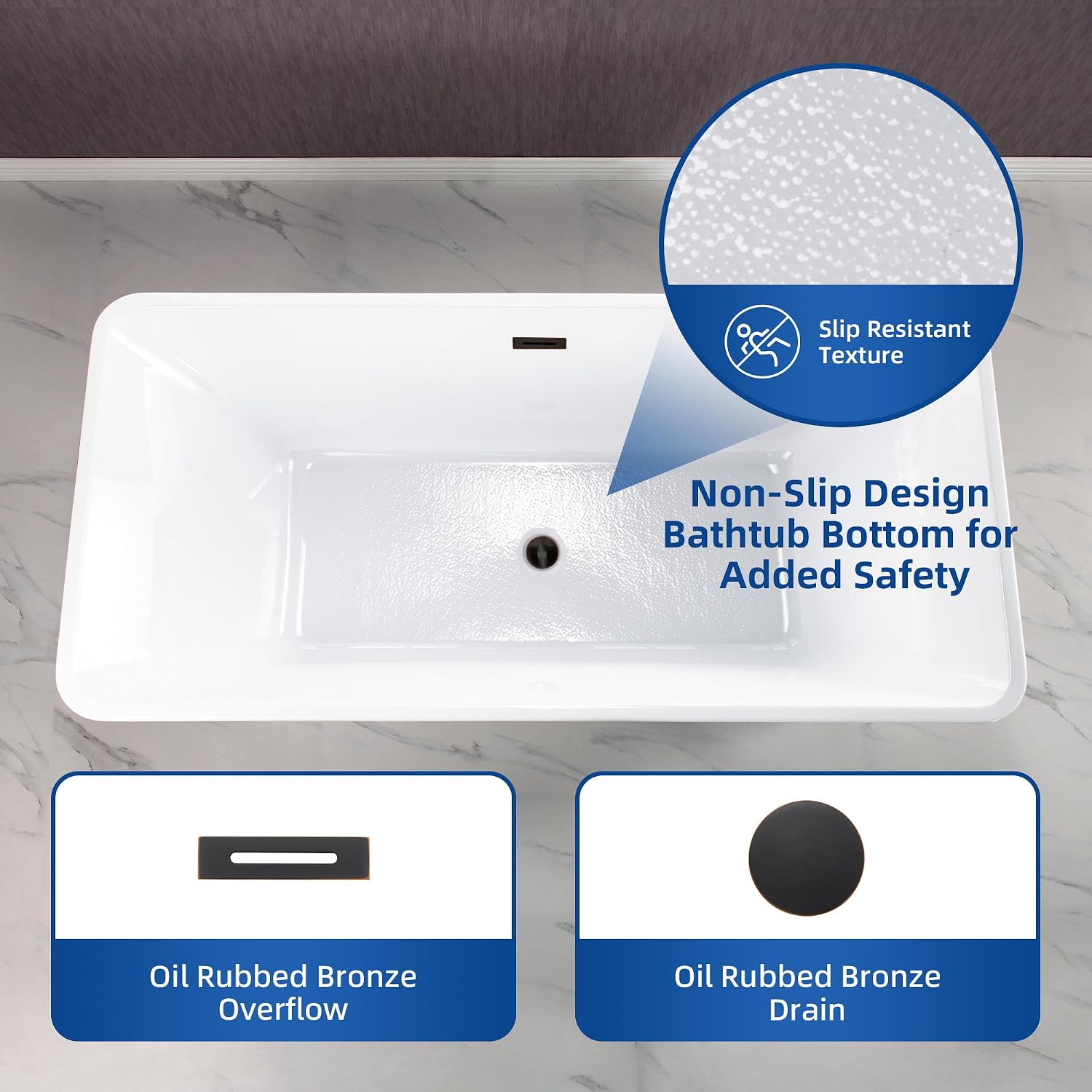 WOODBRIDGE 67' Acrylic Freestanding Bathtub Contemporary Soaking White Tub with Oil Rubbed Bronze Overflow and Drain, BTS1609-ORB-Drain&O