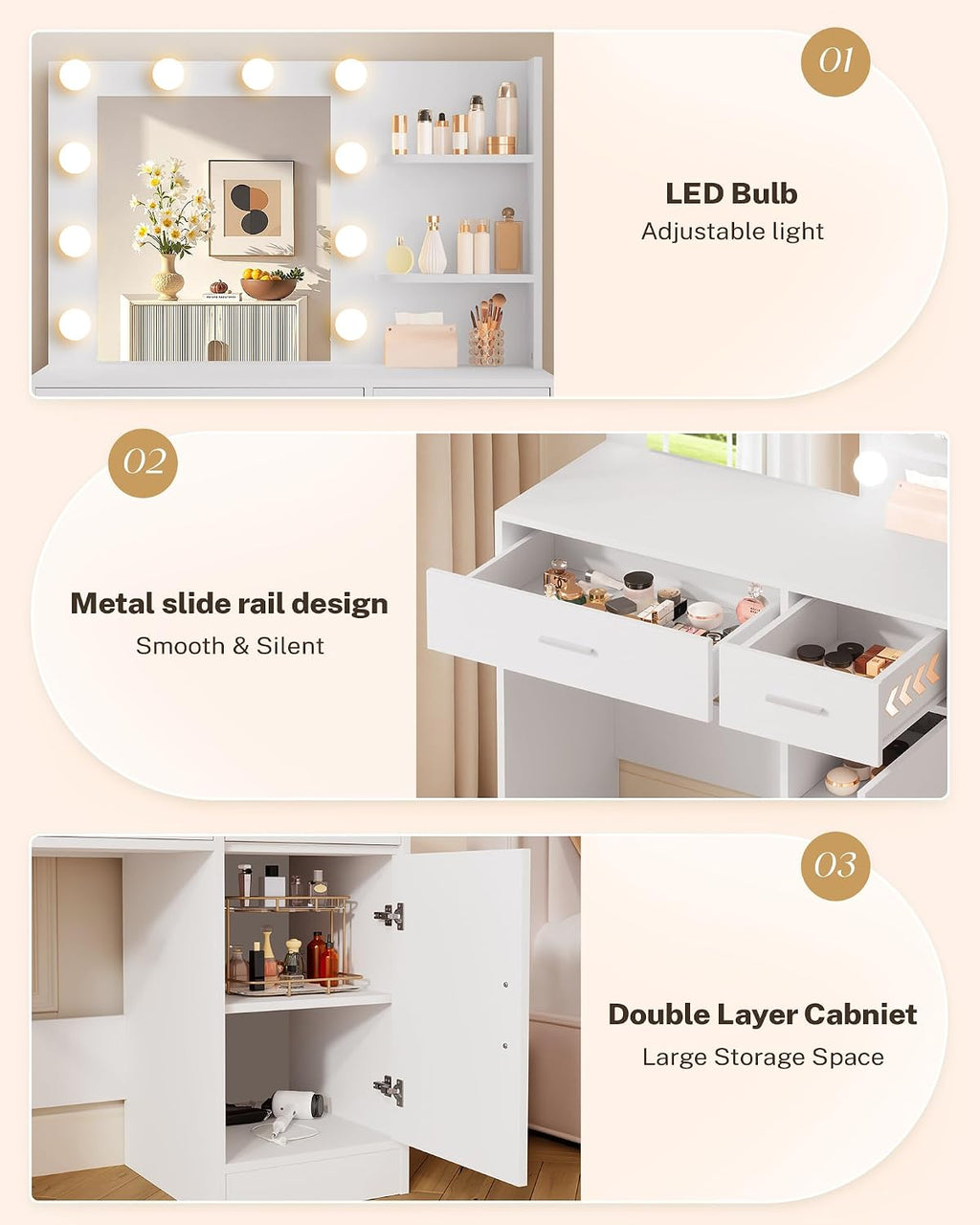 LIVELYGLOW White Makeup Vanity with 10 Hollywood Light Bulbs, 35.4' Wide Dressing Table with Large Mirror & Dimming Function, Small Space Vanity Desk with 2 Drawers, Storage Cabinet & Shelves