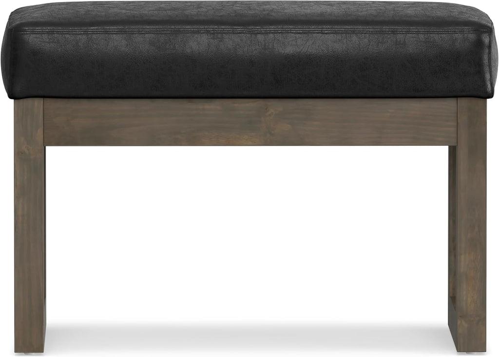SIMPLIHOME Milltown Small Ottoman Bench - 27' Wide x 18' High Upholstered Vegan Leather Rectangle Footstool Ottoman in Distressed Black, Contemporary Bench for Bedroom with Cushioned Seat, Assembled