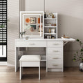 Runboll Vanity Desk with Mirror and Lights, Makeup Vanity Table Set with Chair, 5 Drawers, Open Shelves, Adjustable 3-Color LED Lighted Mirror, Bedroom Dressing Table for Women