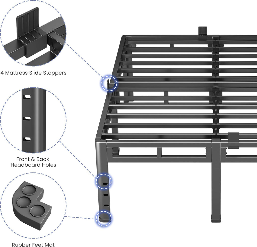 NKZ 22 Inch Queen Size Bed Frame, Metal Bed Frame & Box Spring 2 in 1 Platform with Round Corner Legs, 4000Lbs Heavy Duty Metal Frame, Mattress Slide Stopper, Headboard Hole, Noise-Free, Easy Assembly