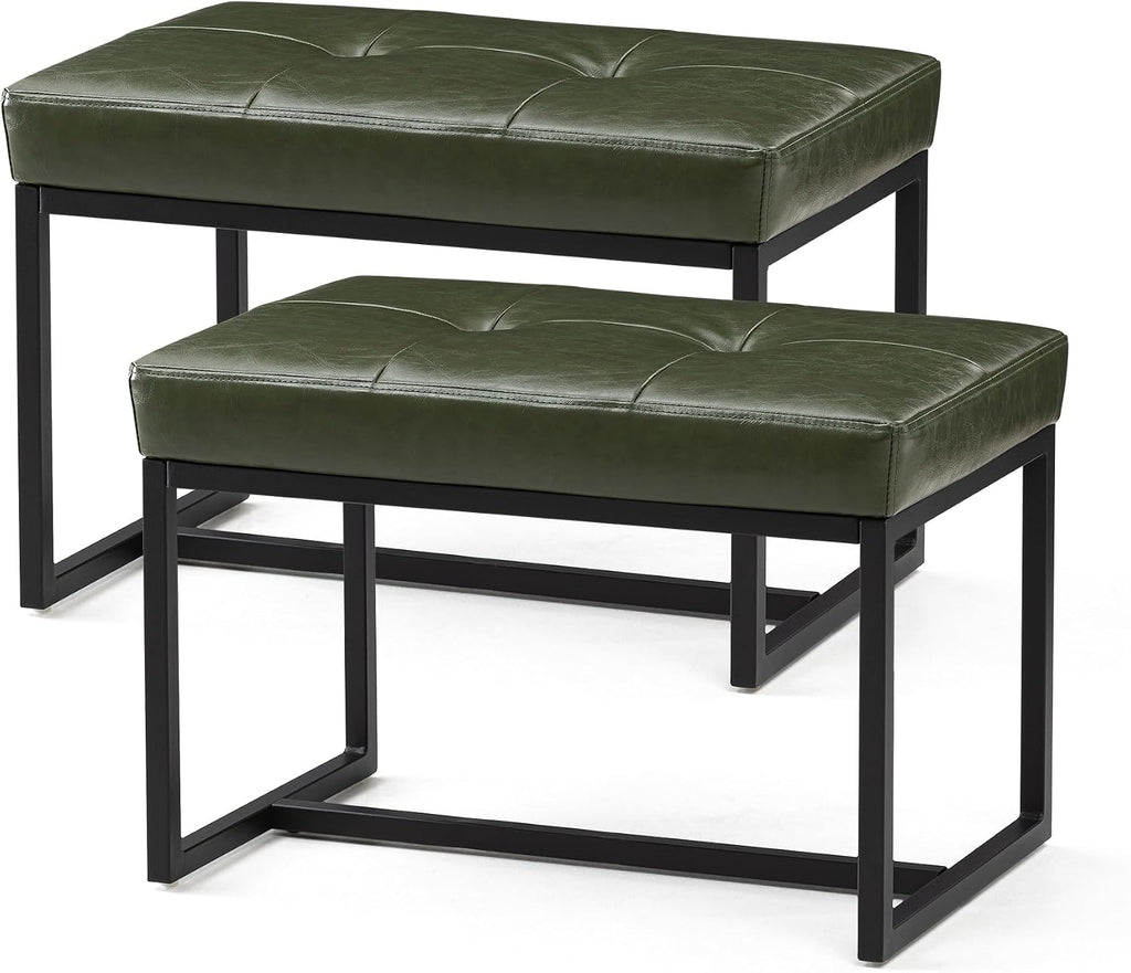 Glitzhome Ottoman Bench Pack of 2, Modern PU Leather Vanity Stools Chairs with Metal Frame, Makeup Stool Padded Foot Rest Stool for Living Room Vanity, Entryway, Bathroom,Green