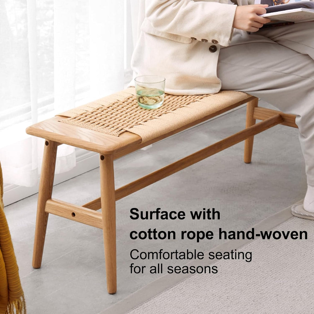 100% Solid Oak Farmhouse Entryway Bench, Wooden Bench Indoor with Hand Woven Rope Surface Design, Wood Bench for End of Bed with Solid Structure(Natural, 43.31' Wx11.81 Dx15.98 H)
