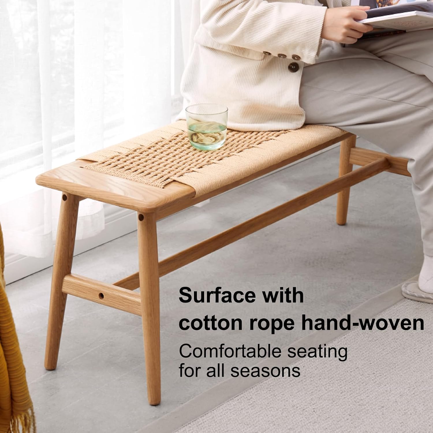 100% Solid Oak Farmhouse Entryway Bench, Wooden Bench Indoor with Hand Woven Rope Surface Design, Wood Bench for End of Bed with Solid Structure(Natural, 43.31' Wx11.81 Dx15.98 H)