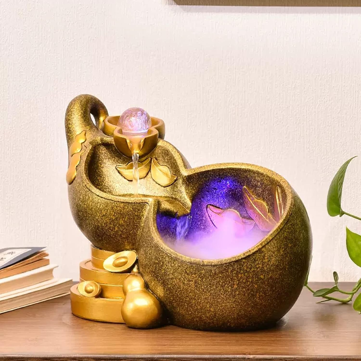 Tabletop Water Fountain Indoor Fountain Tabletop Fountain Resin Golden Gourd Mini Waterfall Fountains Water Feature Feng Shui Zen Meditation Desktop Fountain with Rolling Ball for Home Office Decor In
