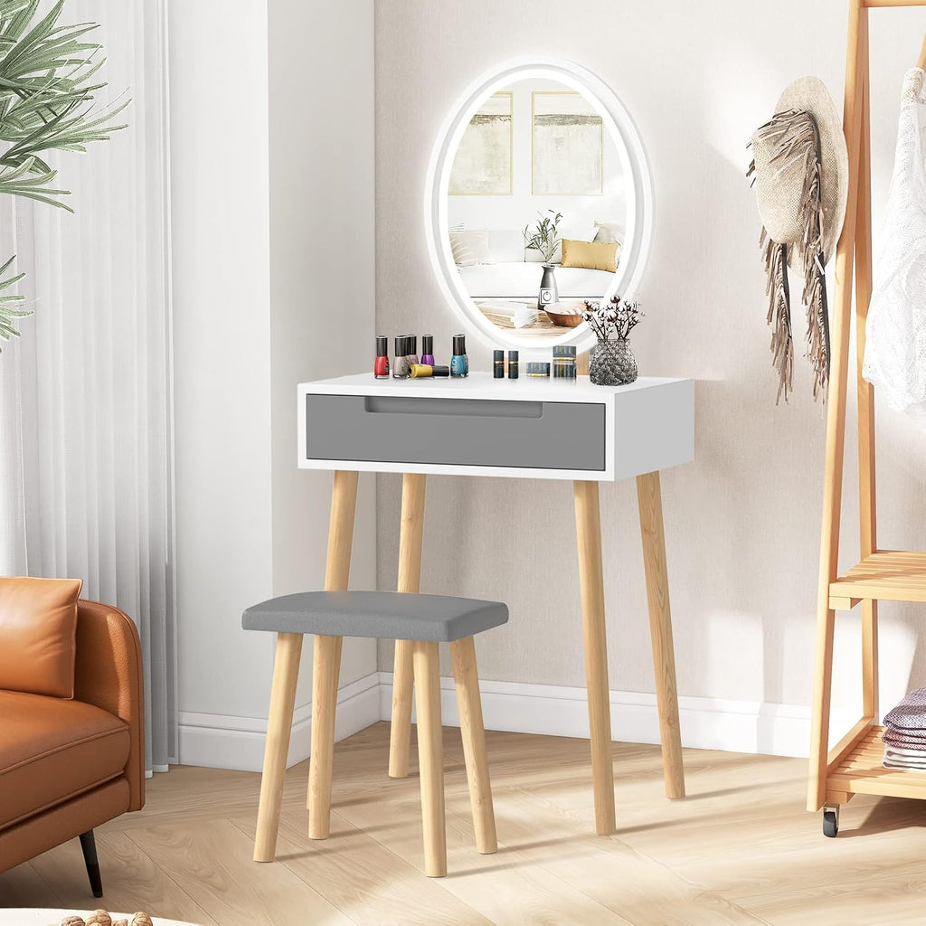 YOURLITE Small Vanity Desk with Mirror and Lights,Makeup Vanity Desk with Chair and Drawers for Small Space,Grey Vanity Dresser for Bedroom