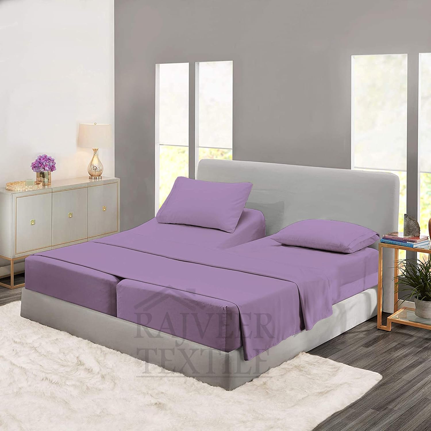 Cotton Home- 5 Pieces Split King Size Lavender Color Sheet Set – Soft Quality Luxury 18 Inch Deep Pocket & Bedding Set with Flat Sheet, Fitted Sheet, 2-Pillow Covers(20' x 30') Inches