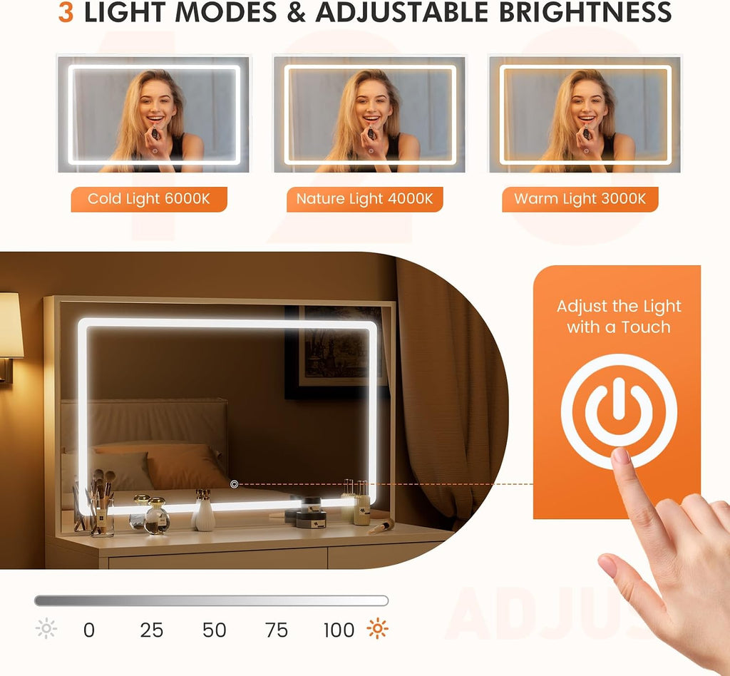 Sweetcrispy Vanity Desk with 35.4' LED Mirror and Lights, Makeup Vanity Table with Charging Station (2AC/USB/C), 2 Drawers & Large Cabinet, 3 Lighting Color Adjustable, Modern Dressing Table, White