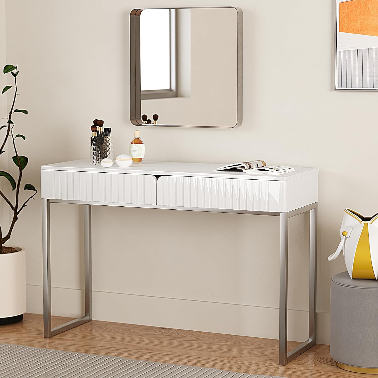 Tamworth Design Modern Multi-Purpose Desk, White & Antique Brass, 43' L x 15.75' W, 2 Large Drawers, Computer/Vanity/Study, Adult Size