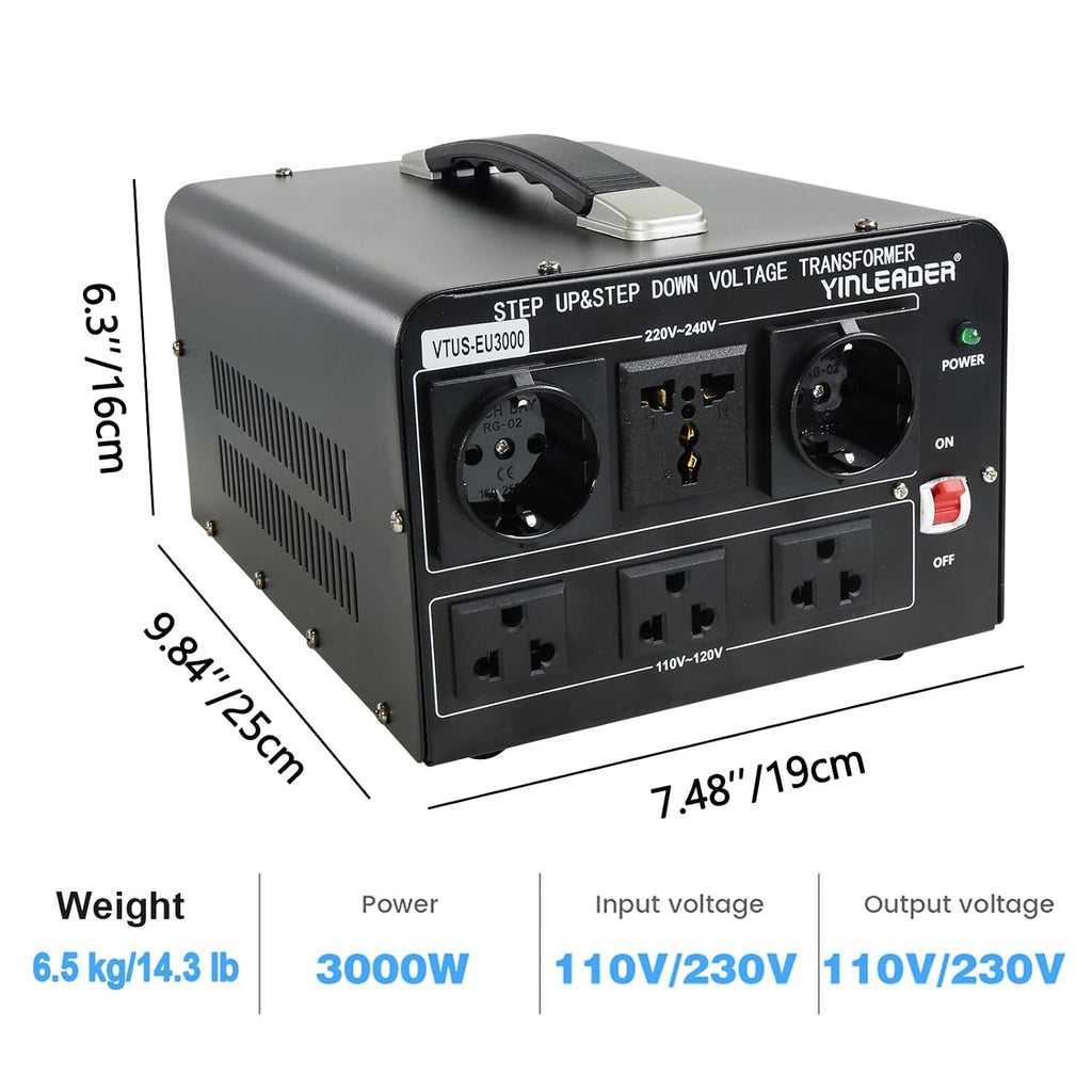 Yinleader 3000W Voltage Converter Transformer(110V to 220V,220V to 110V) Step Up/Down Converter 110/120 Volt - 220/240 Volt w/US Standard Power Cord,Circuit Breaker Protection (VTUS-EU3000)