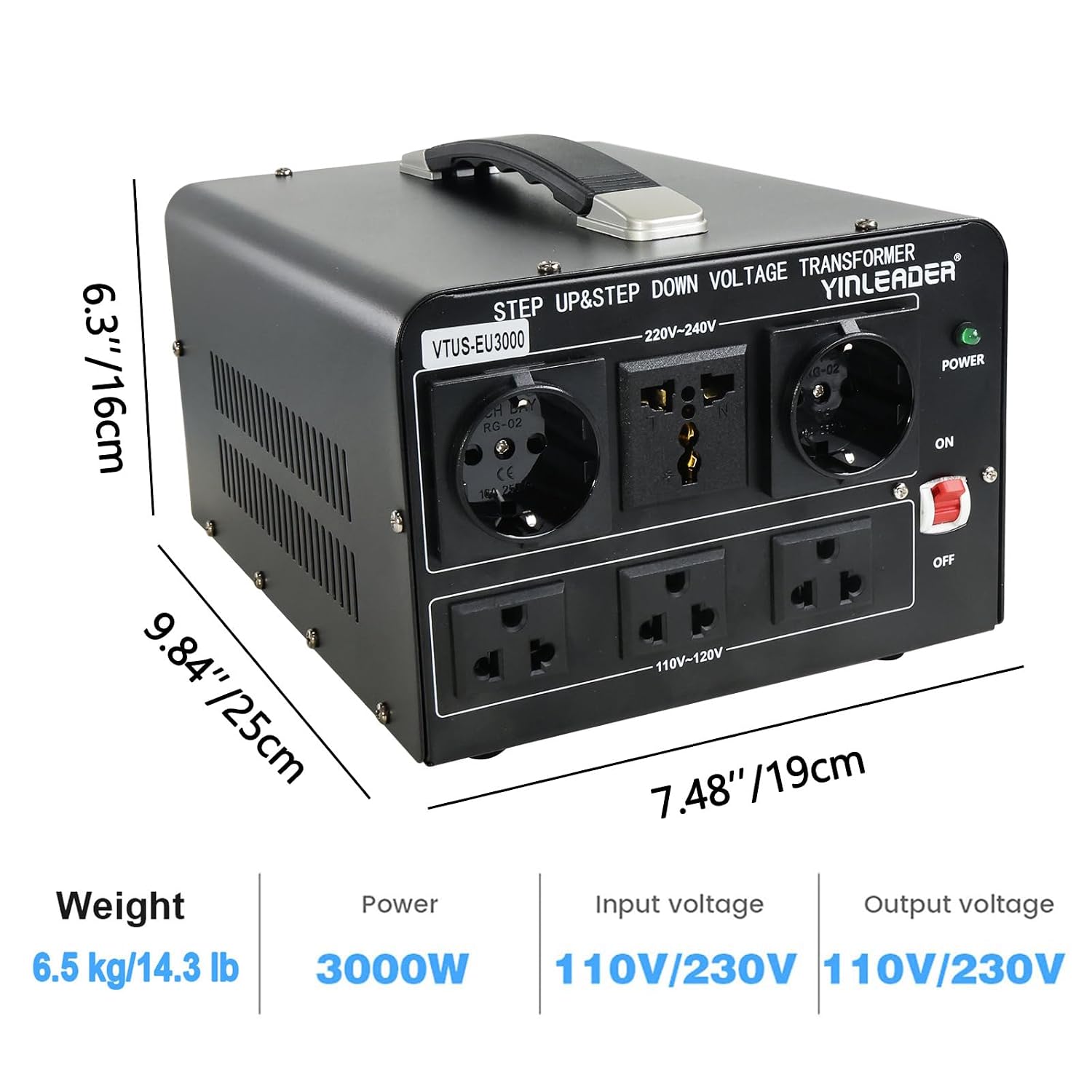 Yinleader 3000W Voltage Converter Transformer(110V to 220V,220V to 110V) Step Up/Down Converter 110/120 Volt - 220/240 Volt w/US Standard Power Cord,Circuit Breaker Protection (VTUS-EU3000)