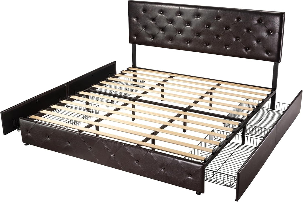 HOOMIC King Platform Storage Bed Frame with 4 Drawers & Adjustable Headboard, Wooden Slats, No Box Spring Needed,Diamond Stitched Button Tufted Design, Noise Free, Black Brown