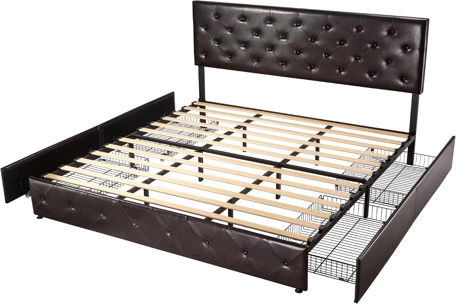 HOOMIC King Platform Storage Bed Frame with 4 Drawers & Adjustable Headboard, Wooden Slats, No Box Spring Needed,Diamond Stitched Button Tufted Design, Noise Free, Black Brown