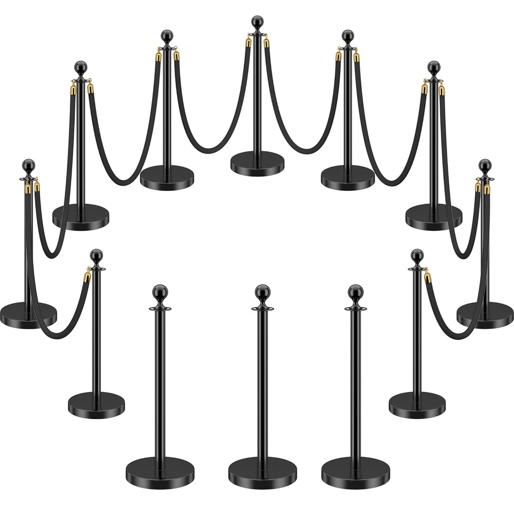 LOVMOR 12Pcs Black Stanchion Posts Queue with 8pcs Black Velvet Rope, Crowd Control Barriers Queue Line Rope, Crowd Control Stanchion for Party Supplies