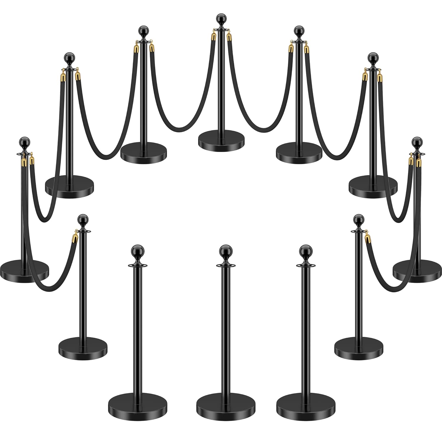 LOVMOR 12Pcs Black Stanchion Posts Queue with 8pcs Black Velvet Rope, Crowd Control Barriers Queue Line Rope, Crowd Control Stanchion for Party Supplies