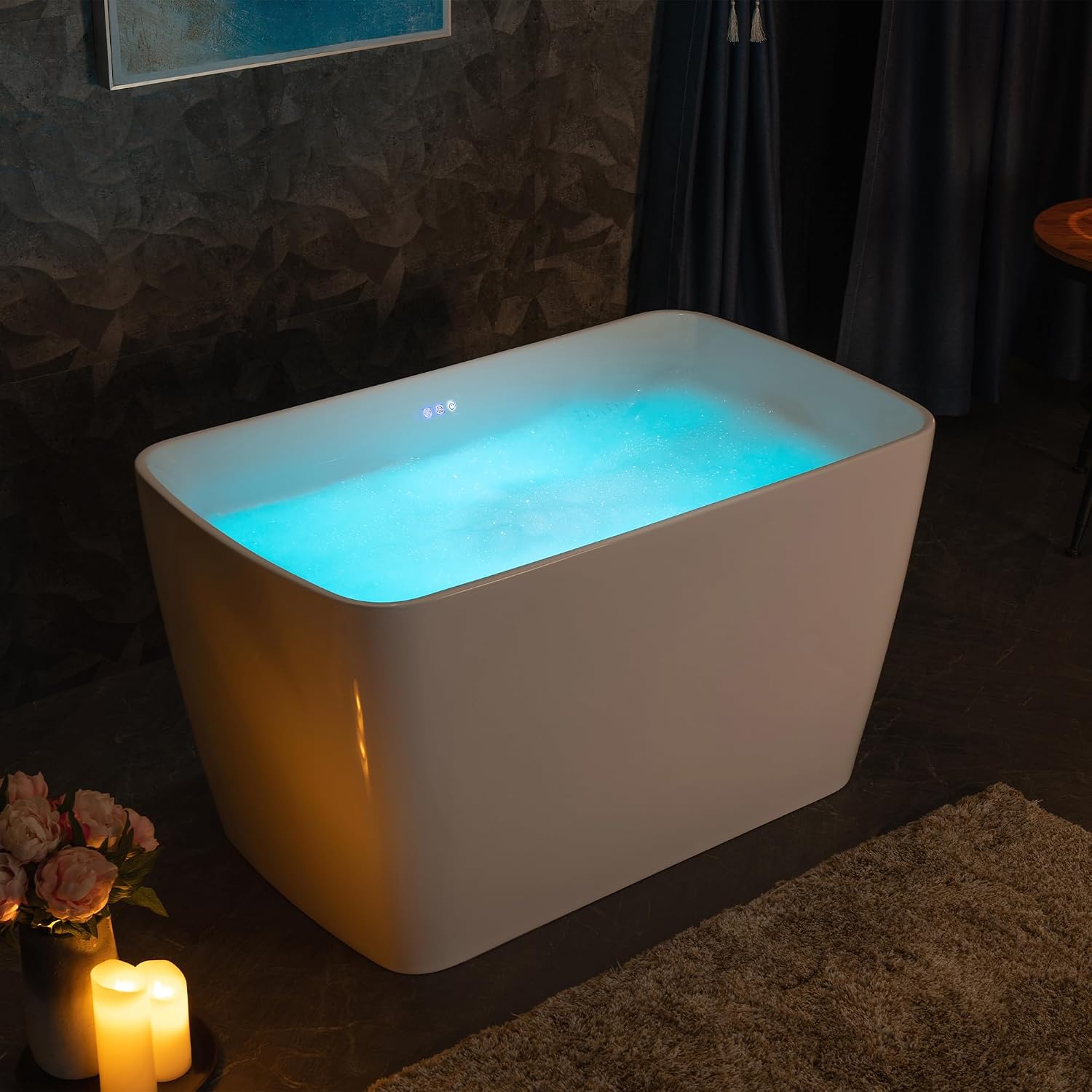 WOODBRIDGE 48' Acrylic Freestanding Rectangular Air Bath Bathtub with Pre-molded Seat and Chrome Pop-Up Drain and Overflow Option, White, B0170-C